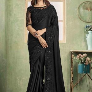 কালো শাড়ি জর্জেট মেটেরিয়াল কালো স্টোনের কারচুপি কাজের (Code J001)