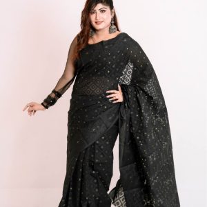 কালো শাড়ি জর্জেট মেটেরিয়াল কালো স্টোনের কারচুপি কাজের (Code J001)